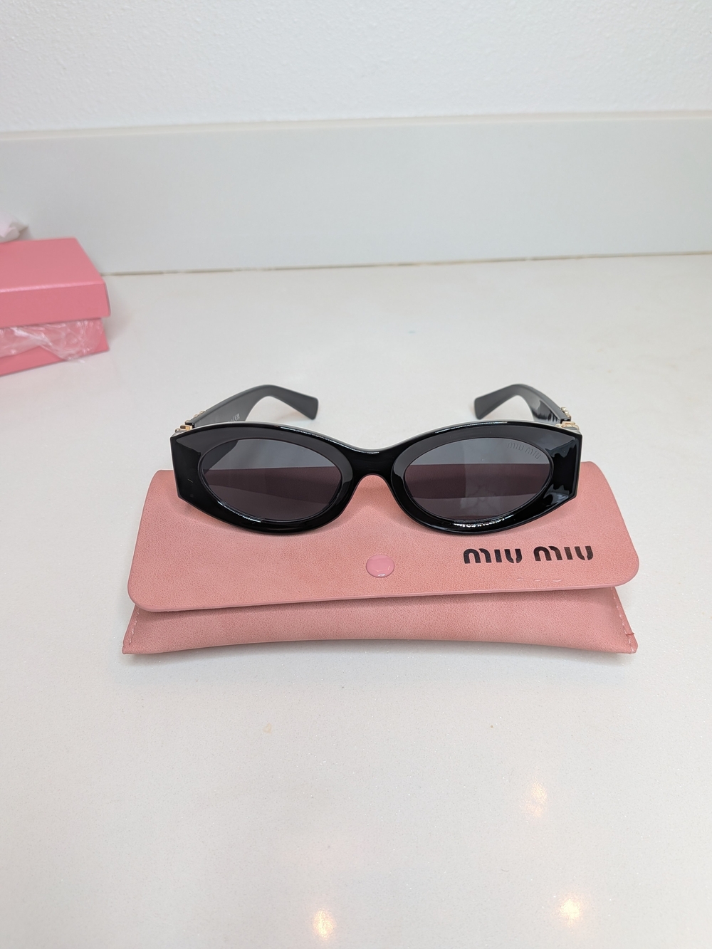 Miu Miu Black Oval Sunglasses Gold Logo w/ Case Box & Cloth - Picture 2 of 11